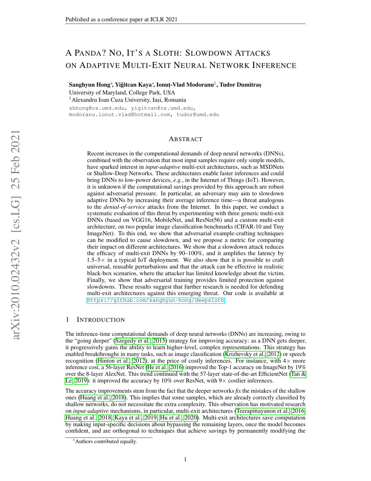 A Panda? No, It's a Sloth: Slowdown Attacks on Adaptive Multi-Exit Neural Network Inference