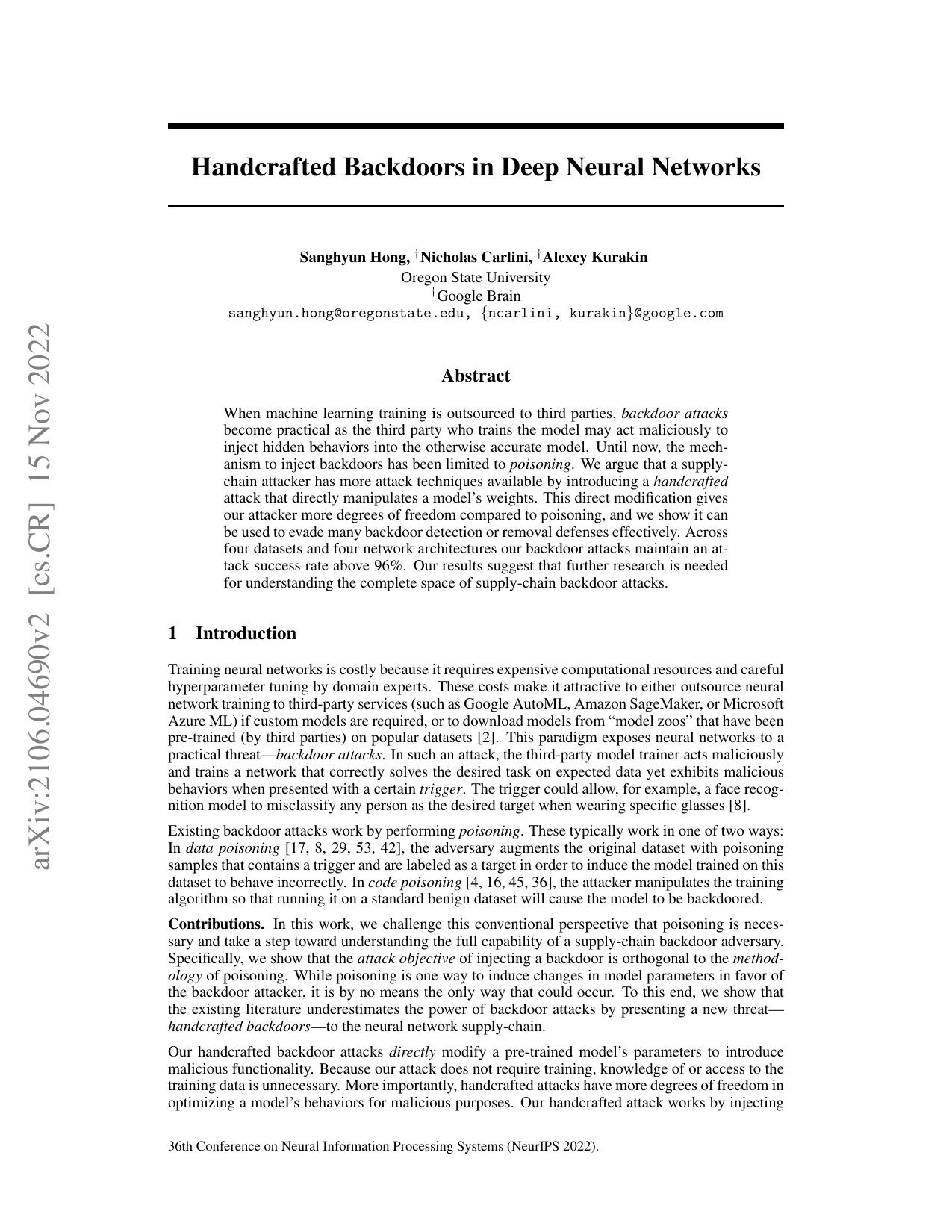 Handcrafted Backdoors in Deep Neural Networks