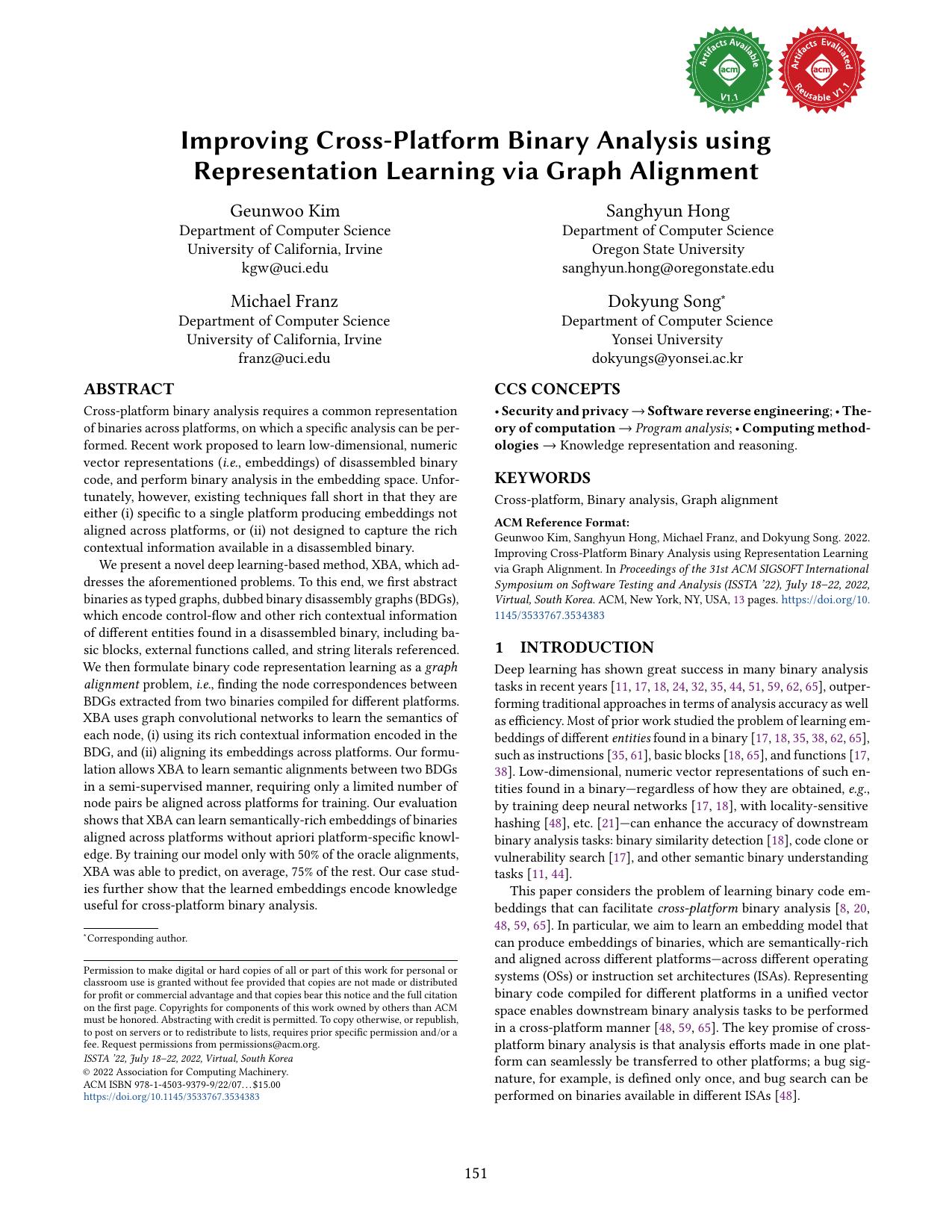 Improving Cross-Platform Binary Analysis Using Representation Learning via Graph Alignment