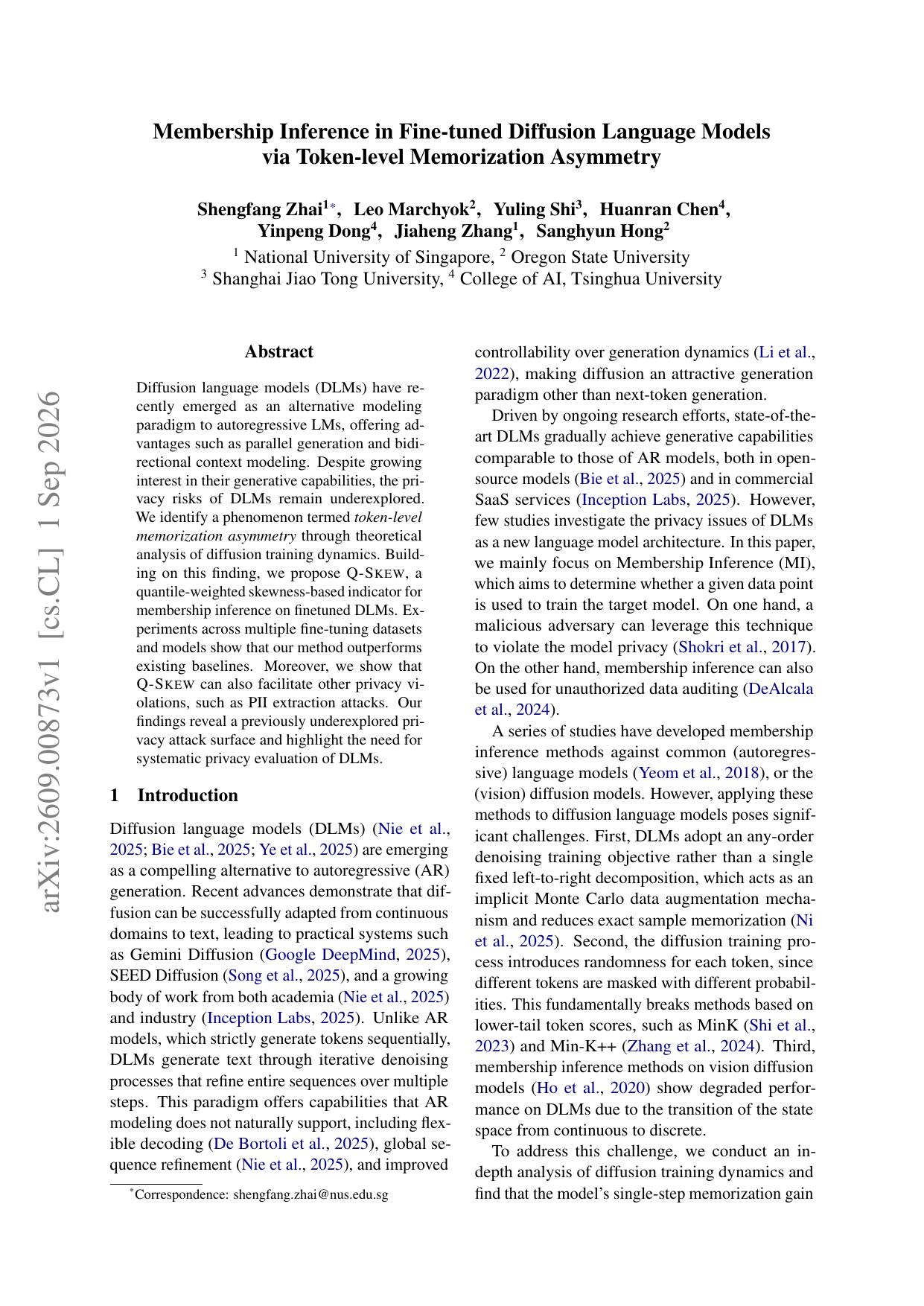 Membership Inference in Fine-tuned Diffusion Language Models via Token-level Memorization Asymmetry
