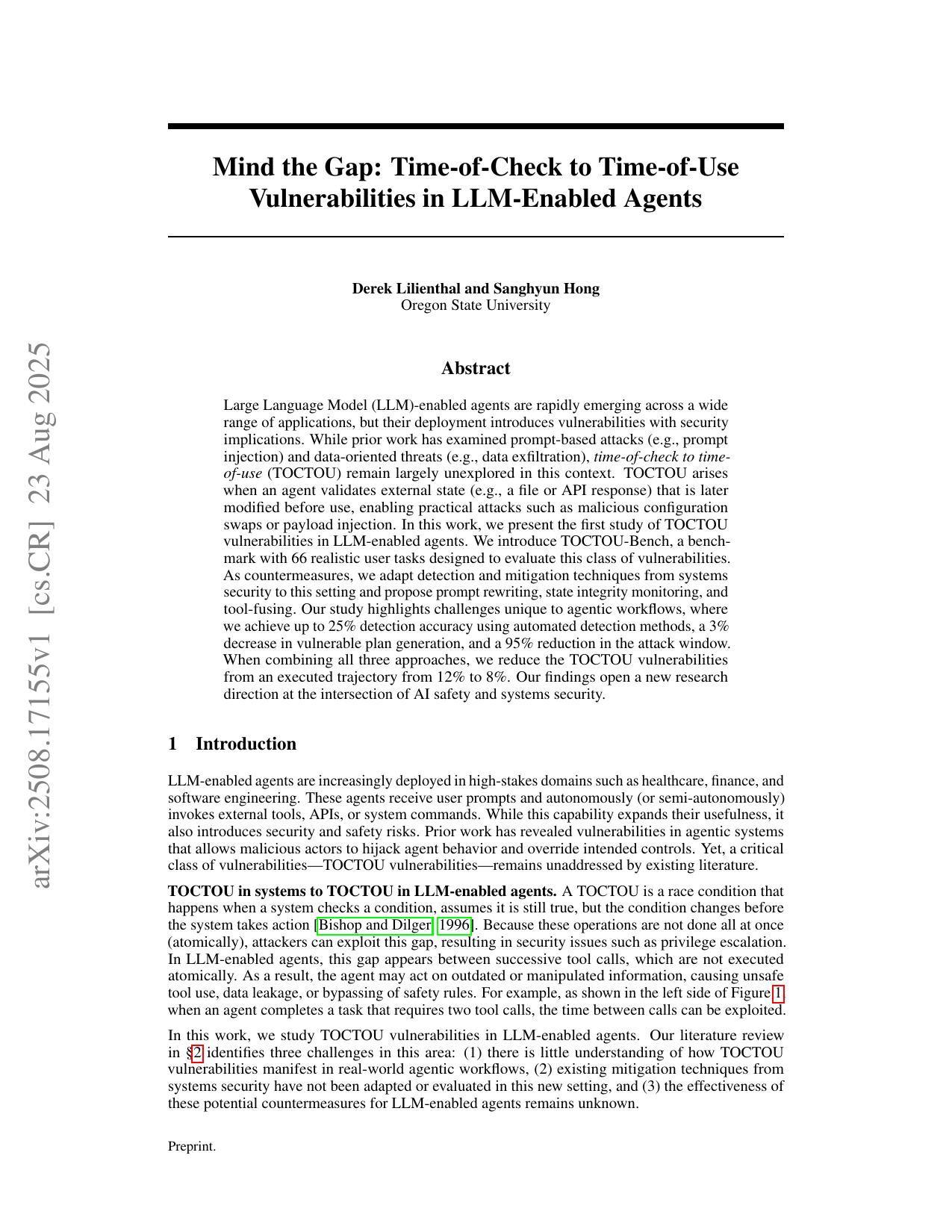 Mind the Gap: Time-of-Check to Time-of-Use Vulnerabilities in LLM-Enabled Agents