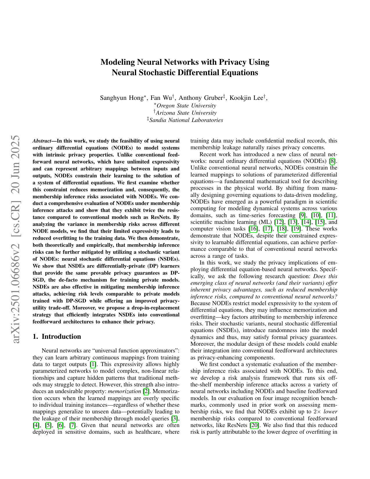 Modeling Neural Networks with Privacy Using Neural Stochastic Differential Equations