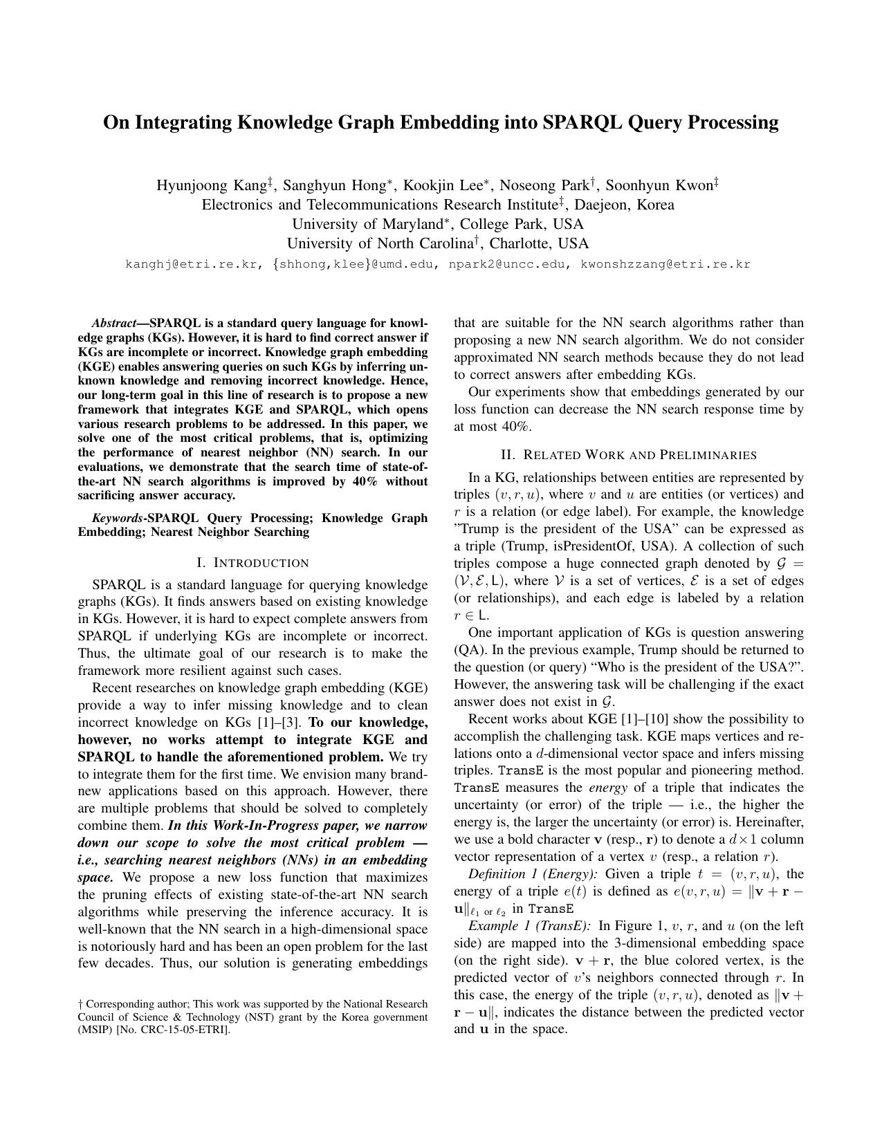 On Integrating Knowledge Graph Embedding into SPARQL Query Processing