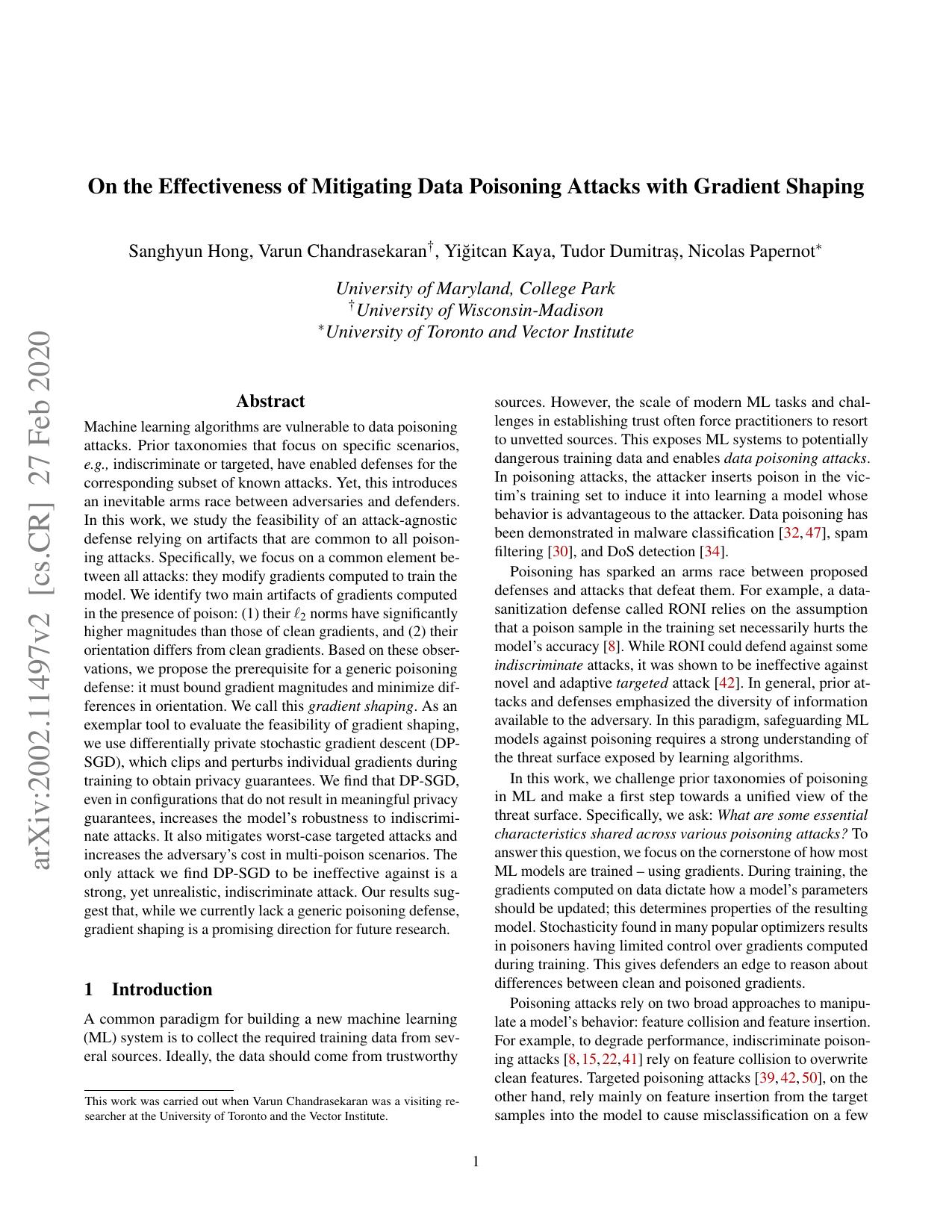 On the Effectiveness of Mitigating Data Poisoning Attacks with Gradient Shaping