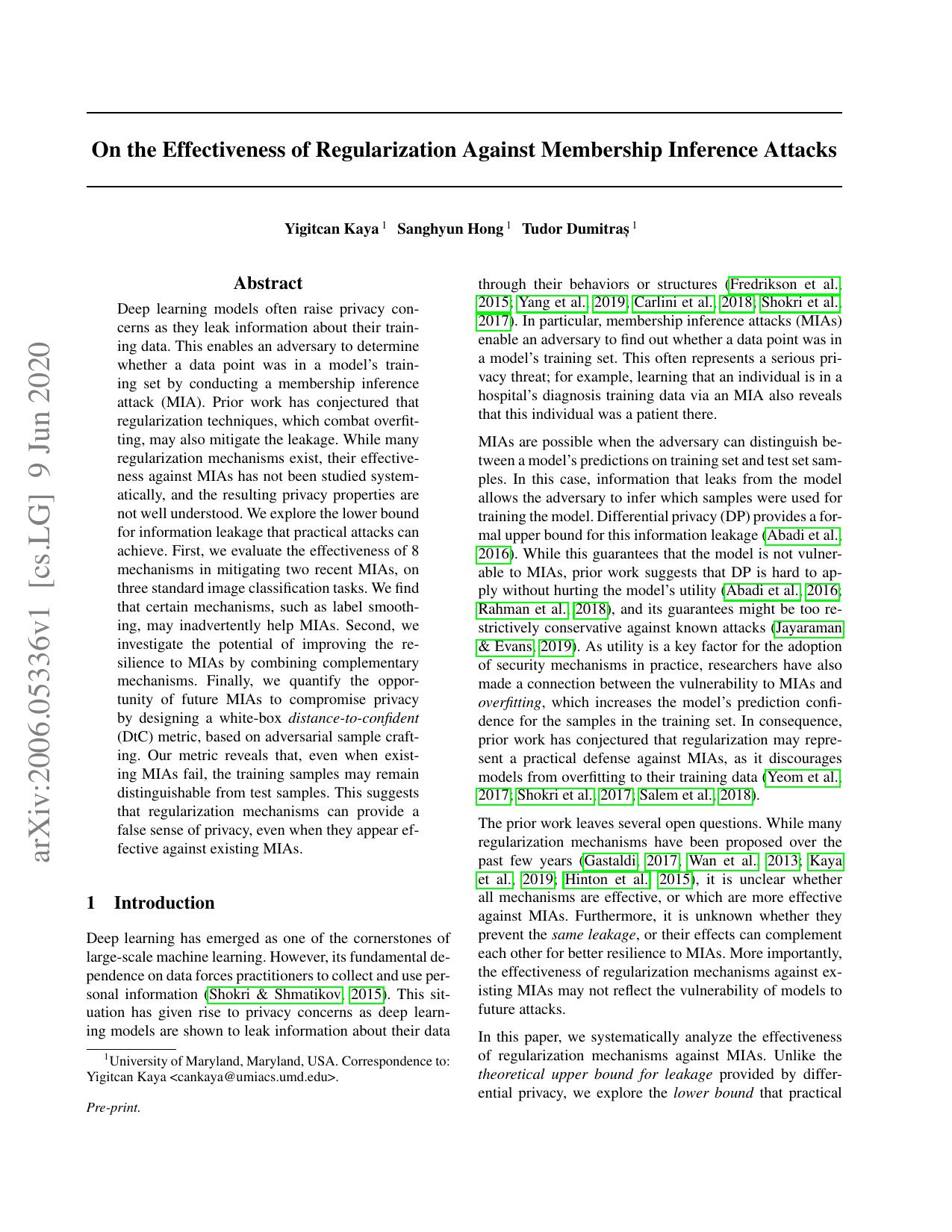 On the Effectiveness of Regularization Against Membership Inference Attacks
