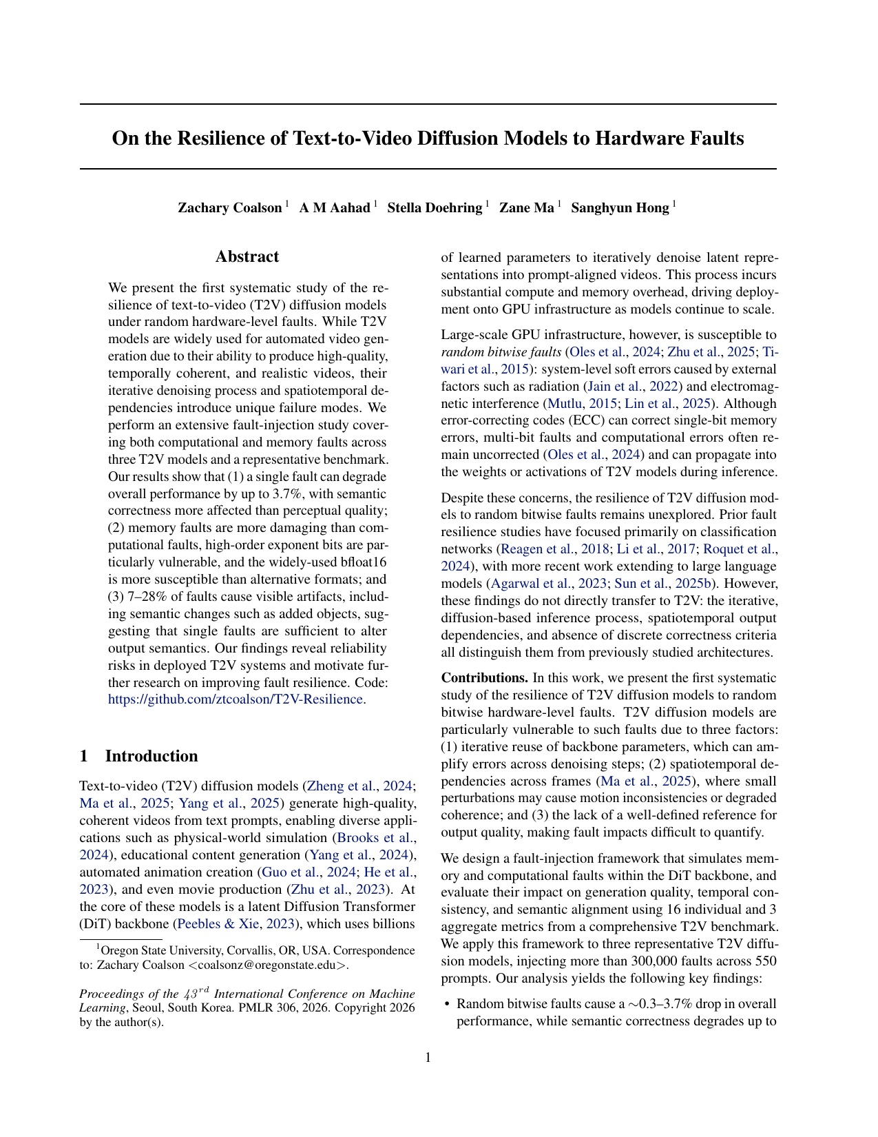 On the Resilience of Text-to-Video Diffusion Models to Hardware Faults