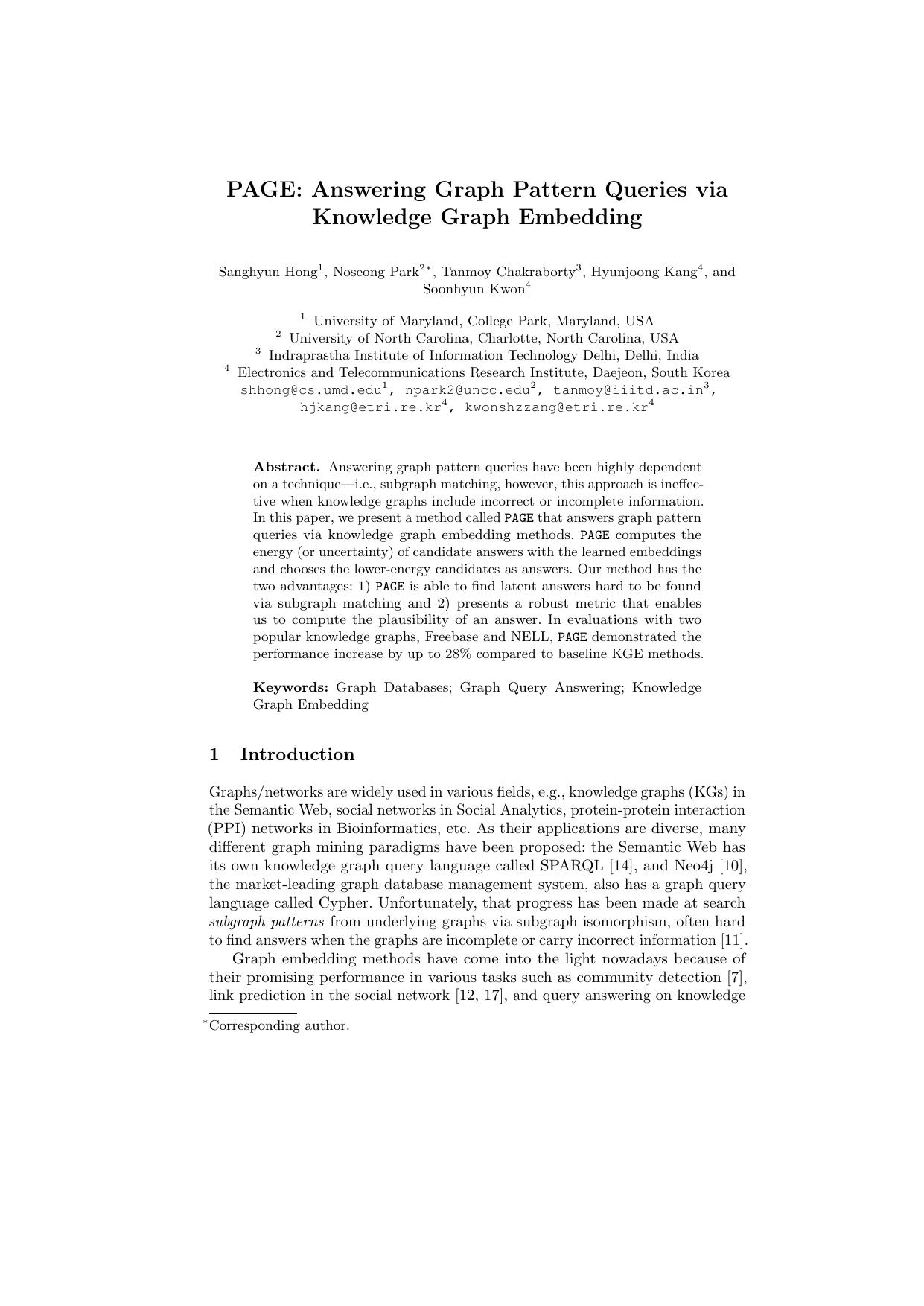 PAGE: Answering Graph Pattern Queries via Knowledge Graph Embedding