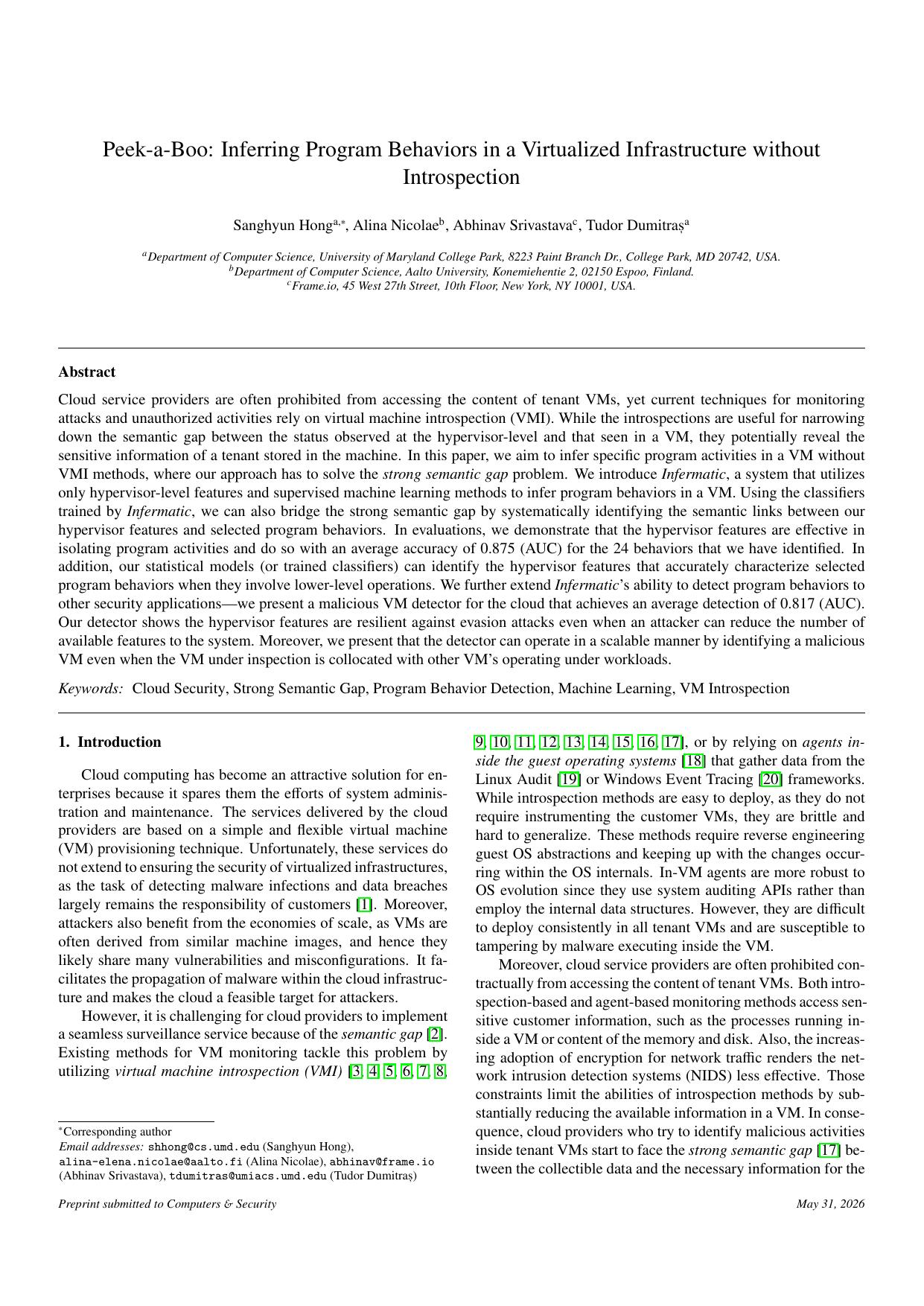 Peek-a-Boo: Inferring Program Behaviors in a Virtualized Infrastructure without Introspection