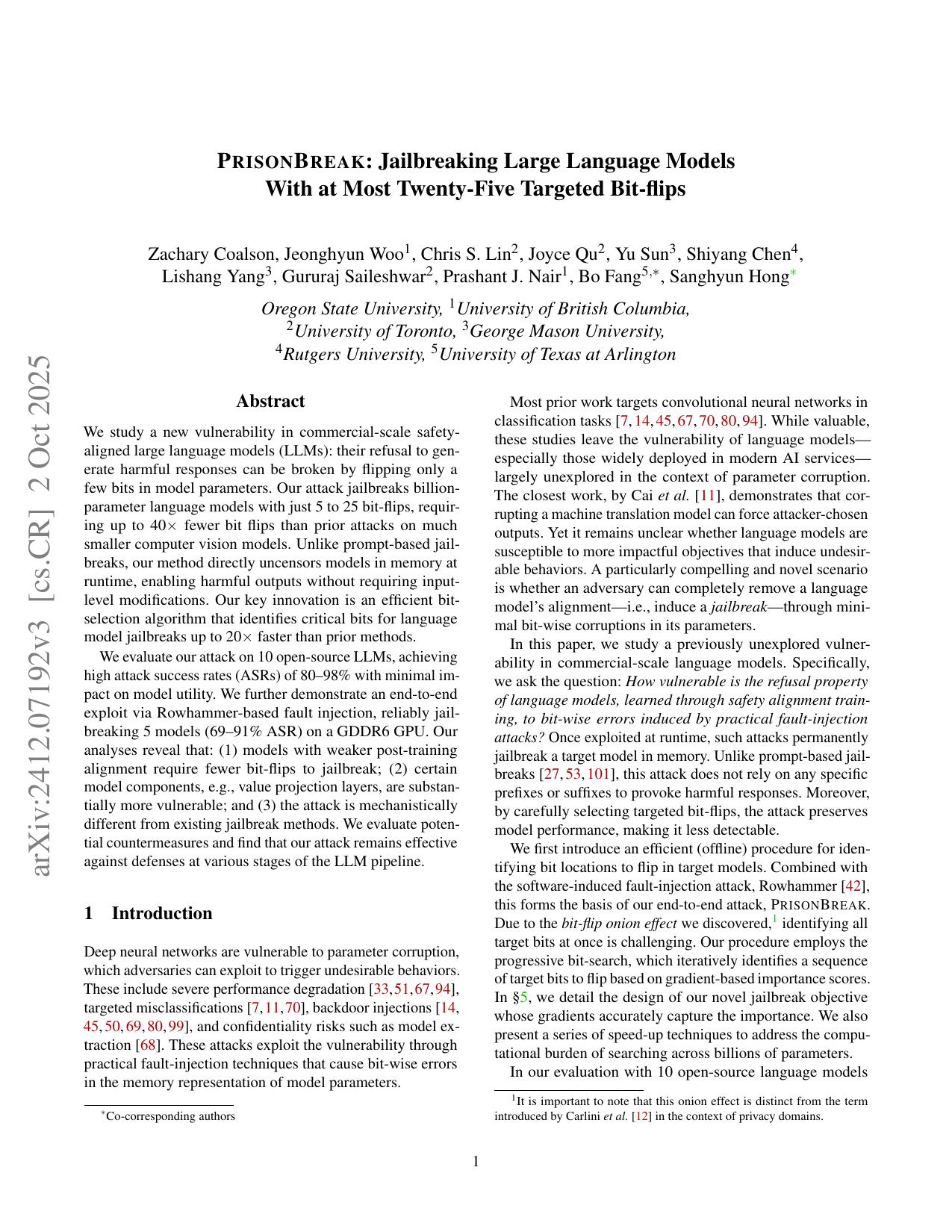 PrisonBreak: Jailbreaking Large Language Models with Fewer Than Twenty-Five Targeted Bit-flips