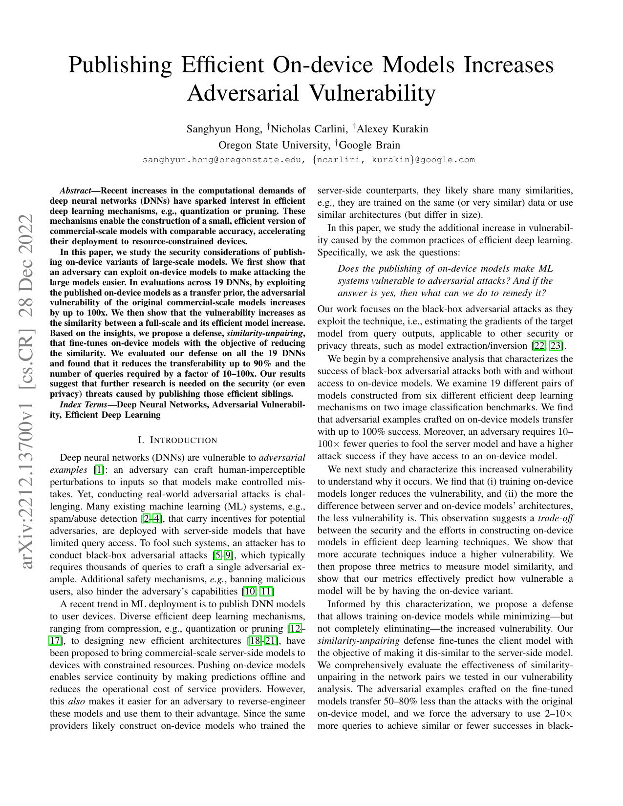 Publishing Efficient On-device Models Increases Adversarial Vulnerability