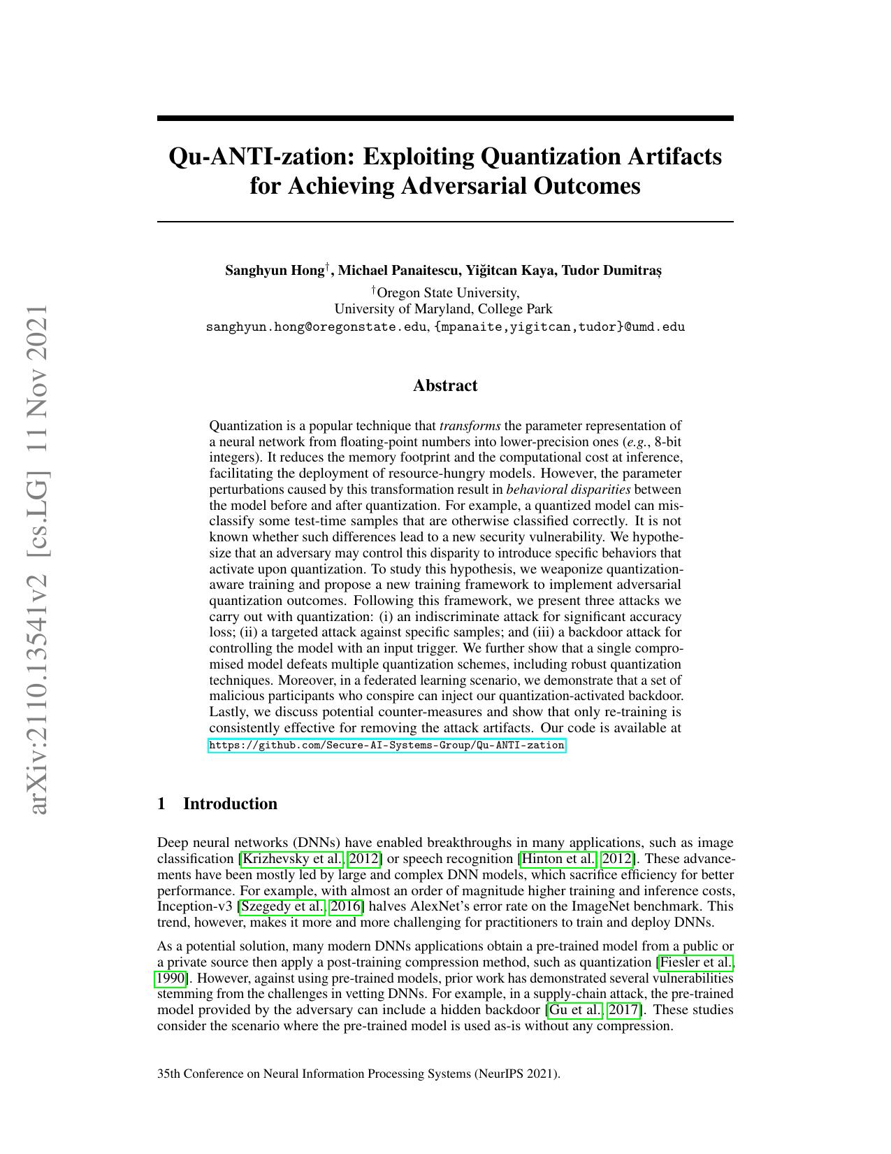 Qu-ANTI-zation: Exploiting Neural Network Quantization for Achieving Adversarial Outcomes