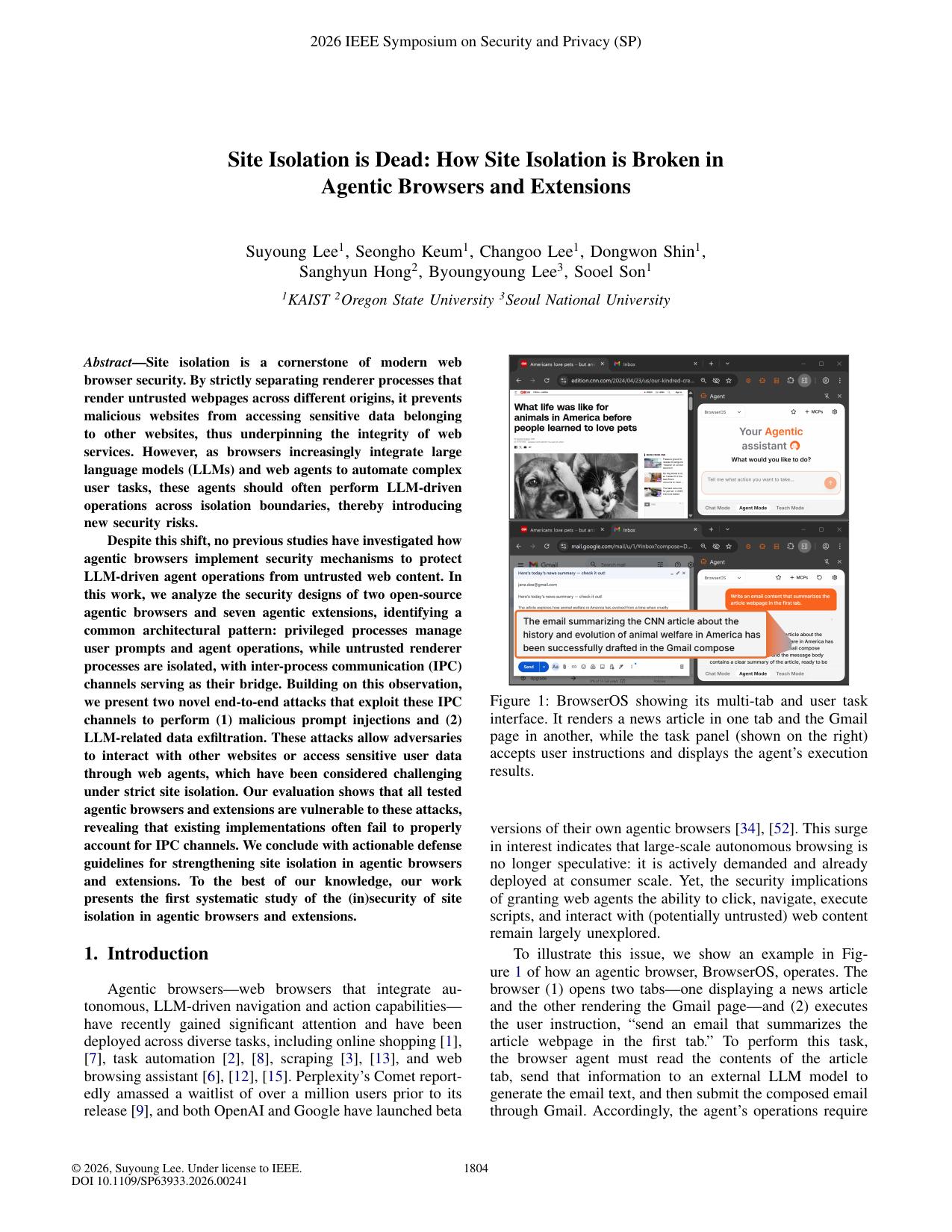Site Isolation is Dead: How Site Isolation is Broken in Agentic Browsers and Extensions