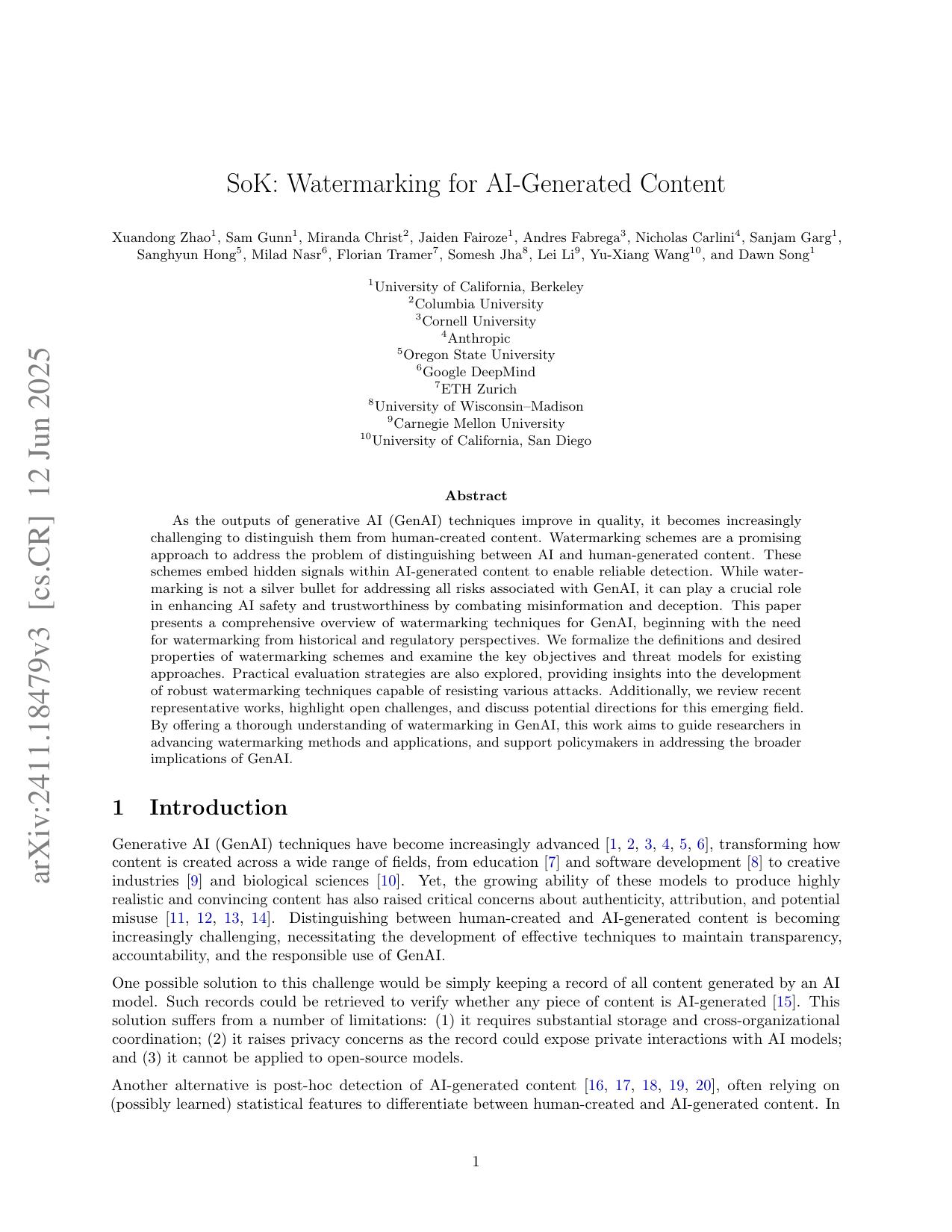 SoK: Watermarking for AI-Generated Content