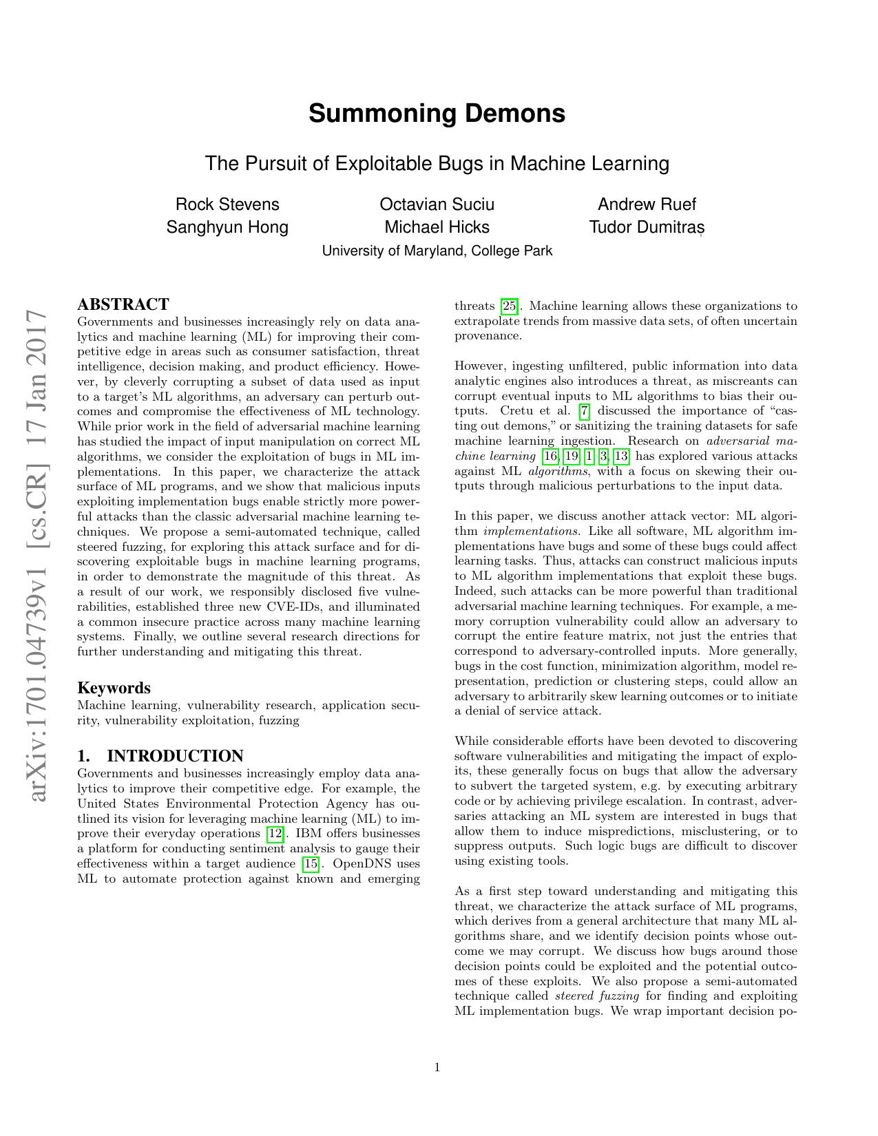 Summoning Demons: The Pursuit of Exploitable Bugs in Machine Learning