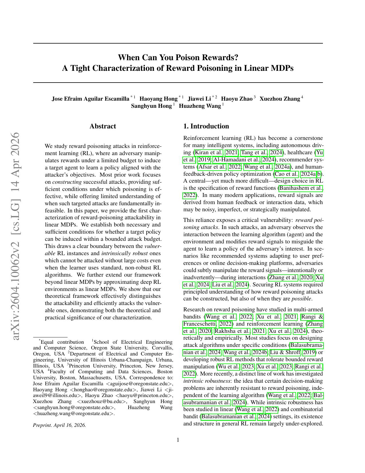 When Can You Poison Rewards? A Tight Characterization of Reward Poisoning in Linear MDPs