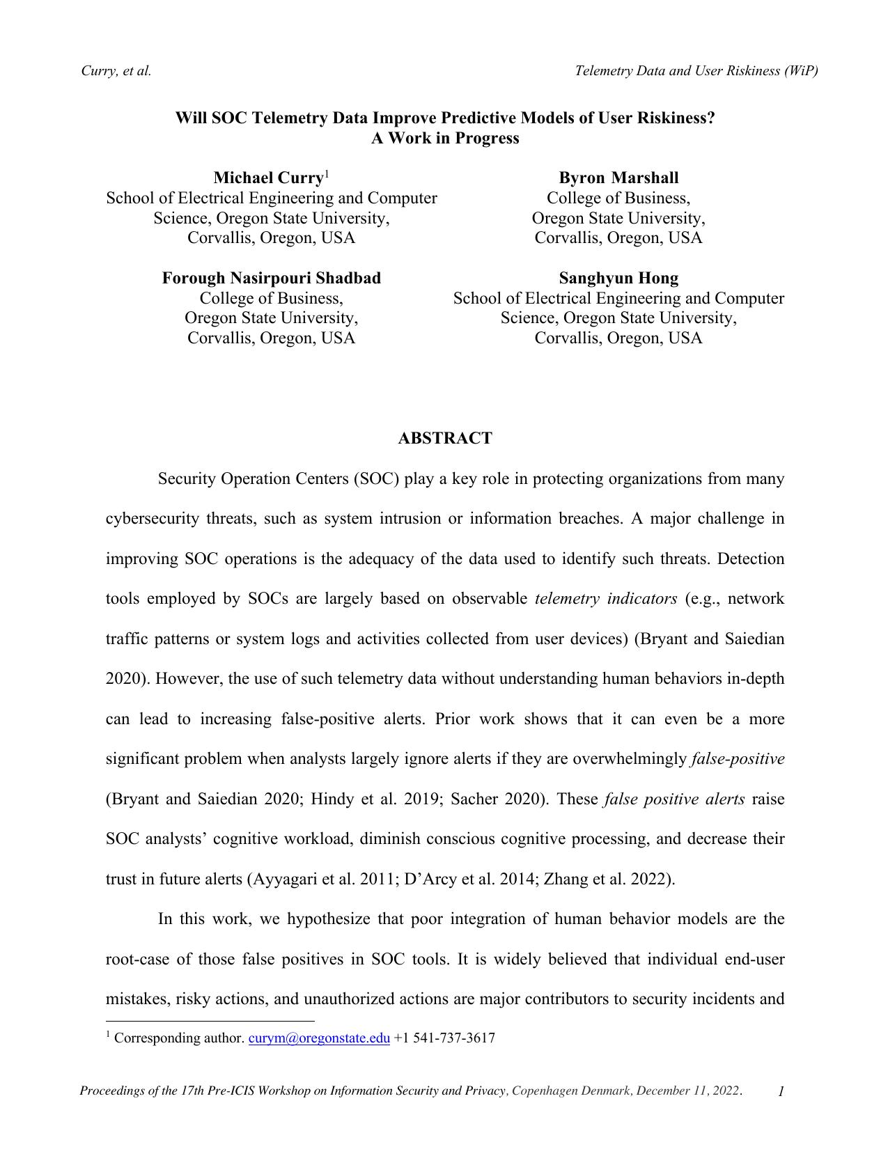 Will SOC Telemetry Data Improve Predictive Models of User Riskiness? A Work in Progress