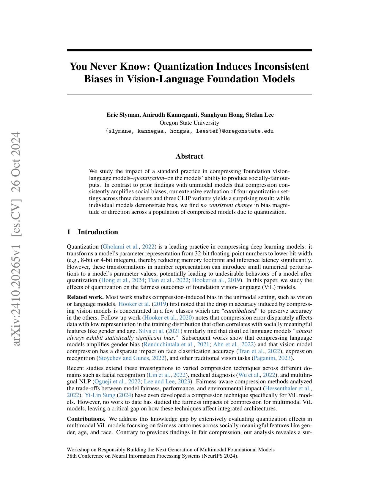 You Never Know: Quantization Induces Inconsistent Biases in Vision-Language Foundation Models